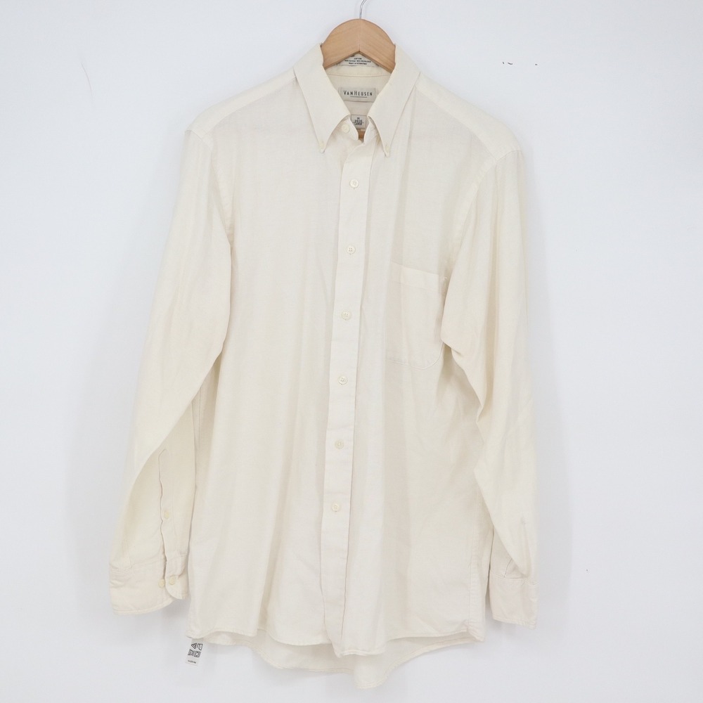 Van Heusen Shirt Mens L Oxford Cream Button-down Long Sleeve 16 34/35 Good